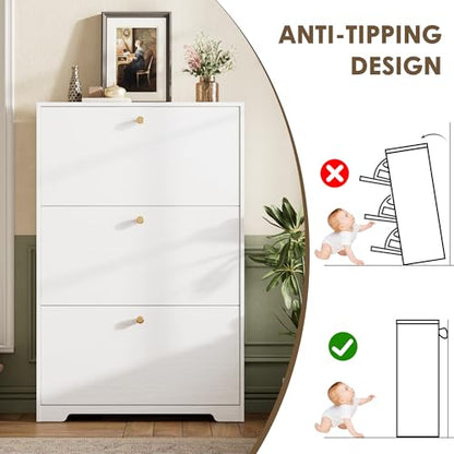 Nicetree Shoe Cabinet with 3 Flip Drawers, Narrow Shoe Organizer Cabinet, Freestanding Shoe Rack Cabinet, Modern Shoe Storage Cabinet for Entryway, Hallway, Foyer, White - color: White, style: 3-Drawers