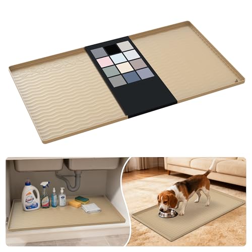 URMONA Waterproof Silicone Under Sink Mat 34'' x 19'' Shelf Liner for Kitchen and Bathroom, Cabinet and Counter Protector, Storage and Organizers, Litter Mat, Pet Cat Puppy Essentials(Khaki) - color: Khaki, size: 19"W x 34"L