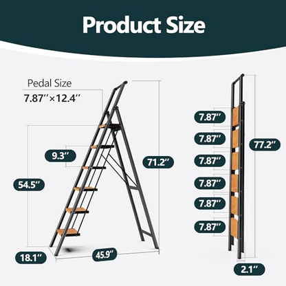WOA WOA Step Ladder 6 Step Folding, Foldable Tall Ladder with Handrail, Aluminum Stepladder for High Ceilings, Lightweight, Deep Pedals, Anti-Slip Feet, Capacity 300 lbs - Black & Wood Grain - color: Black & Wood Grain, size: 6 step
