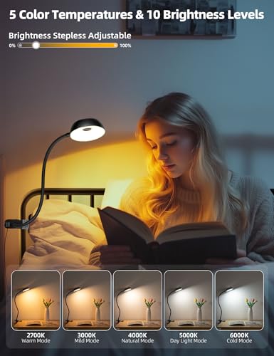 LiFMIRA Reading Light for Beds Headboards, Clip on Light LED Reading Book Light with Clamp Eye-Friendly Desk Lamp 3 Color Modes & 10 Brightness Flexible Reading Lights for Books in Bed Bedside Black - color: Black