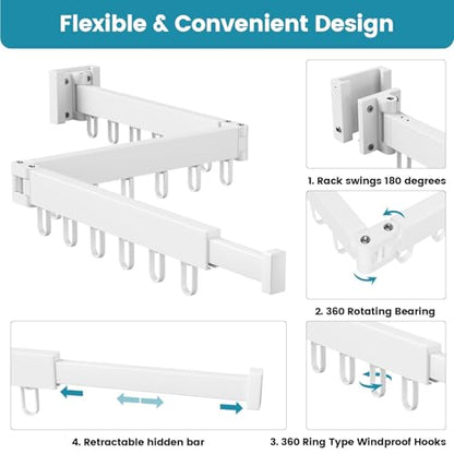 Abiglifty Clothes Drying Rack Wall Mounted, Laundry Drying Rack Collapsible, Foldable & Retractablewith 18 Hooks for Indoor/Outdoor Use inLaundry Room, Bathroom & Balcony (White) - color: White