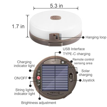 Camping String Light 4 in 1 Retractable 42ft Solar /USB Rechargeable 3600mAh Waterproof Hanging Outdoor Camping Lantern with 8 Lighting Modes, Portable Tent Lights for Hiking, Yard, RV (Warm Light)