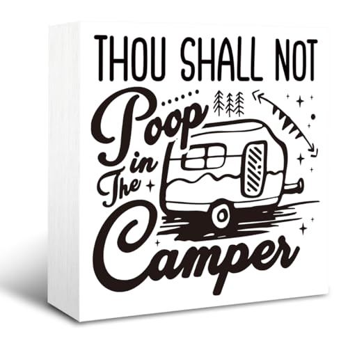 Thou Shall Not Poop in the Camper Sign, Camper Sign, Rustic Box Sign Decor Tabletop, Camper Rules Sign, Farmhouse Camping Sign, Campsite Decoration, White Wooden Box Sign, Table Shelf Decor
