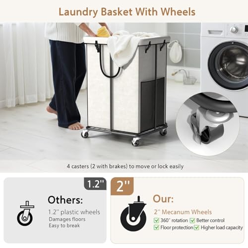 150L Large Laundry Basket with Wheels, Rolling Laundry Hamper with Removable Laundry Bag & Metal Frame, Oxford Fabric Dirty Clothes Hampers for Bedroom, Laundry Room, Bathroom, Dorm(White) - color: White