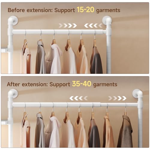 T3 Closet System with Stepless Dimmable LED Light, Industrial Pipe Clothing Rack with 4 Drawers, 6 Wooden Shelves & 4 Telescopic Rods, Heavy Duty Closet Organizers in Wardrobe Closet (White) - color: White