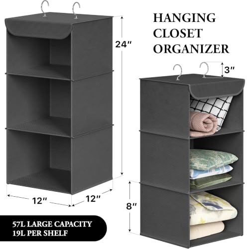 Simple Houseware 3-Shelf Hanging Closet Organizer, Fabric Storage Shelves with 57L Capacity, Dark Gray - color: Dark Grey