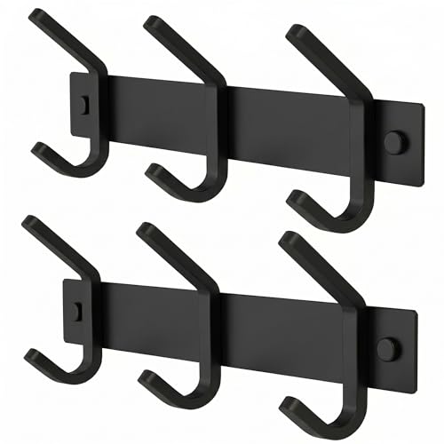 Coat Rack Wall Mount – 9 Inch Stainless Steel Hook Rail with 3 Double Coat Hooks for Hanging – Wall Mounted Entryway Organizer for Coats, Hats, Bags, Towels, Robes, Closet or Bathroom - Black 2 Pack - color: Black, size: 3 Hooks - 2 Pack