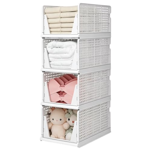 yazi 4XL Stackable Plastic Storage Basket, 4 Packs closet storage bins for clothes sweater organizer for closet Folding closet organizers - size: 4XL
