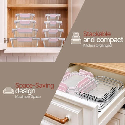 Bakken Borosilicate Glass Food Storage Containers with Lids 24 Pieces, BPA-Free Stackable Lunch & Leftover Containers, Microwave, Freezer & Dishwasher Safe, 100% Airtight Leak-Proof, Pink - color: Pink