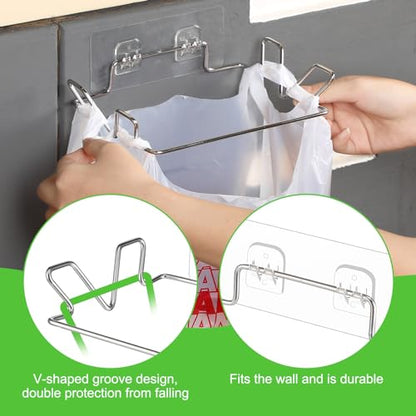 Tandefio 4 Pcs Stainless Steel Trash Bag Holder for Kitchen Cabinet Door and Cupboards with Wall Sticker Base Portable Under Sink Bag Holder for Plastic Bathroom Camper Picnics