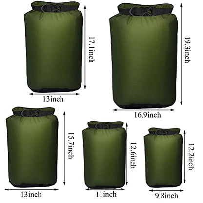 Pimoys 5 Pack Waterproof Dry Sacks, Lightweight Outdoor Dry Bags 20L /12L / 10L/ 6L/ 3.5L Ultimate Dry Bags for Kayaking Camping Rafting Boating - color: Green
