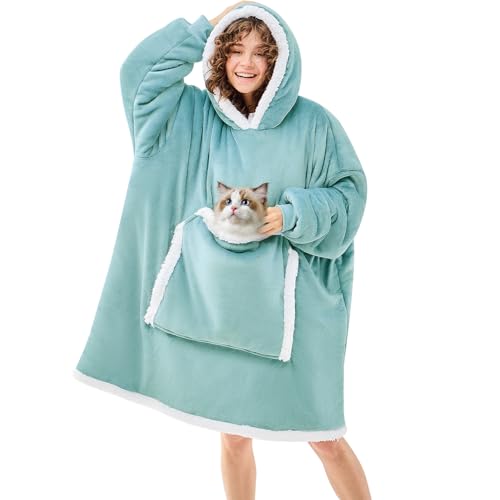 JOYWOO Wearable Blanket Hoodie,Oversized Cat Lovers Sweatshirt Blanket for Adult, Birthday Gifts for Women,Mom,Friend,Cozy Sherpa Hooded Blanket with Giant Pocket and Winter Gifts,Blue Gray Standard - color: Blue Grey, size: Adult