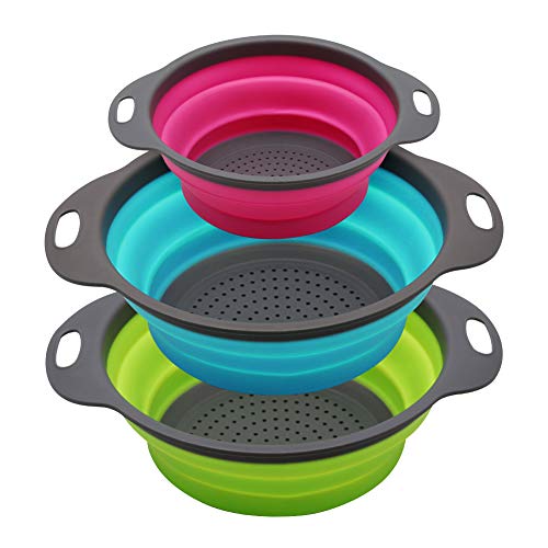 Qimh Collapsible Colander Set of 3 Round Silicone Kitchen Strainer Set - 2 pcs 4 Quart and 1 pcs 2 Quart- Perfect for Draining Pasta, Vegetable and fruit (green,blue, purple) - color: green,blue, purple