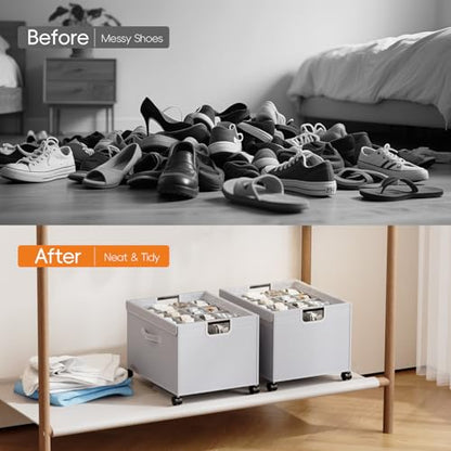 HOUSE AGAIN Shoe Organizer for Closet, 2 Pack Foldable Shoe Storage Organizer Box with Wheels and Adjustable Dividers, Sturdy Metal Frame Fits up to 16-32 Pairs, Large Shoes Storage with Clear Cover - size: 2 Pack