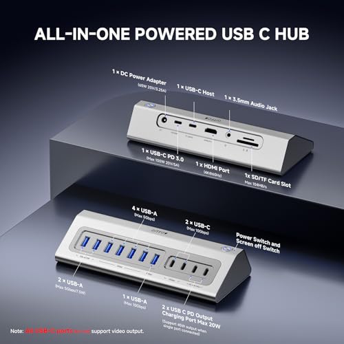 Giftos Powered USB Hub, 18 in 1 USB 3.2 Hub with 4K HDMI,PD 100W,45W Charge,10Gbps USB,SD/TF,Audio, 65W Adapter,3.3FT Cable,Aluminum,Smart Button, USB Hub for PC,Mac,Mac mini, iMac,iPhone 17/16,iPad - size: 18 IN 1