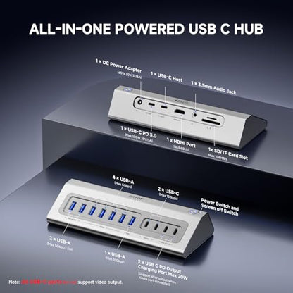 Giftos Powered USB Hub, 18 in 1 USB 3.2 Hub with 4K HDMI,PD 100W,45W Charge,10Gbps USB,SD/TF,Audio, 65W Adapter,3.3FT Cable,Aluminum,Smart Button, USB Hub for PC,Mac,Mac mini, iMac,iPhone 17/16,iPad - size: 18 IN 1