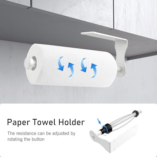 SetSail Paper Towel Holder, Paper Towel Holder Under Cabinet with Adjustable Damper Easy Tear Wall Mount Self-Adhesive or Drilled for Kitchen Bathroom, White - color: White
