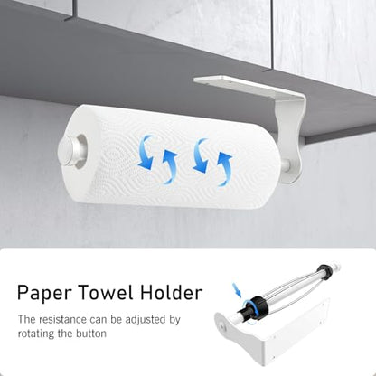 SetSail Paper Towel Holder, Paper Towel Holder Under Cabinet with Adjustable Damper Easy Tear Wall Mount Self-Adhesive or Drilled for Kitchen Bathroom, White - color: White