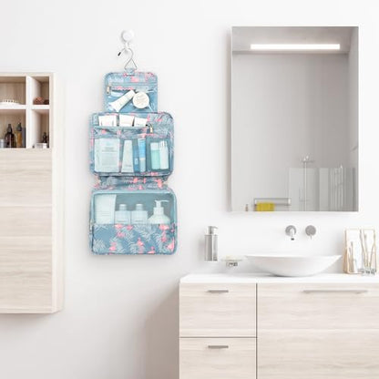 Mossio Hanging Toiletry Bag with Sturdy Hook - Large Portable Cosmetic Makeup Travel Organizer for Men & Women - color: Grey Flamingo