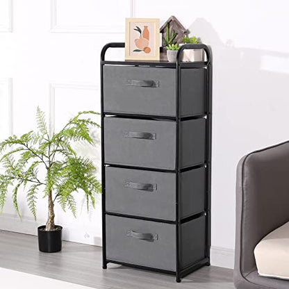 MAX Houser 4 Drawer Fabric Dresser Tall Storage Tower, Dresser Chest with Wood Top, Vertical Nightstand Side Organizer Unit with Metal Frame for Closets Bedroom Nursery Room Hallway(Leaden) | , Dresser Chest with Wood Top, Vertical Nightstand Side Organiz