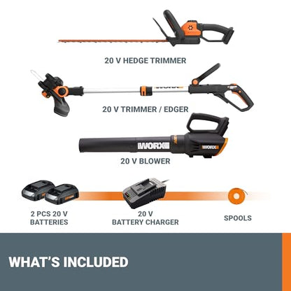 Worx 20V 12" Cordless String Trimmer, 360 CFM Leaf Blower & 22" Hedge Trimmer Combo, 2 Batteries & Charger Included, WG931 - style: 12" Trimmer & 360 CFM Blower & 22" Hedge Trimmer