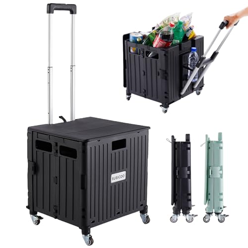 SUBICOO Folding Utility Cart Portable Rolling Crate Handcart Shopping Trolley Collapsible Tool Box, with Lid, on 4 Rotate Wheels, for Grocery, Shopping, Office, Teacher, Camp(Black) - color: Black
