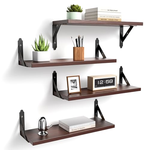 ROMGUAR CRAFT Wood Floating Shelves Set of 4, Rustic Storage Decor Wall Shelves, Wall Mounted Shelf for Living Room, Bedroom 17" x 6", Brown - color: Brown, size: 17" x 6"