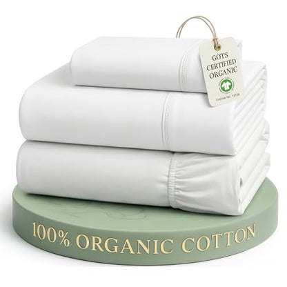 LANE LINEN 100% Organic Cotton Twin Sheets Set, 3Pc Twin Bed Sheets, Soft & Comfy Breathable Cotton Percale Sheets for Twin Size Bed, Dorm Room Essentials Low Pill Fade Resistant White Sheets | Twin Sheet Set, GOTS Certified Organic Cotton Percale - For D