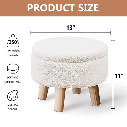 Wimarsbon Storage Ottoman, Modern Round Footrest with Soft Padded Seat, Teddy Velvet Footstool with Wood Legs, Accent Small Table or Plant Stand for Hallway, Living Room (Cream) - color: Cream