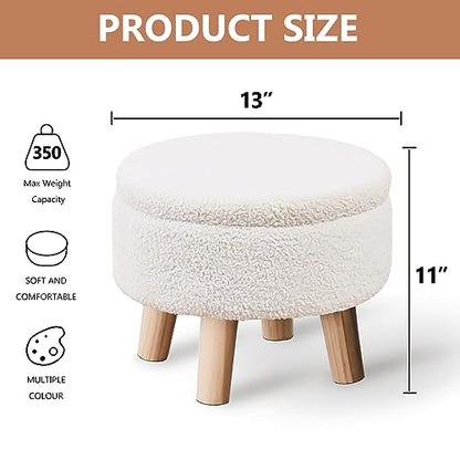 Wimarsbon Storage Ottoman, Modern Round Footrest with Soft Padded Seat, Teddy Velvet Footstool with Wood Legs, Accent Small Table or Plant Stand for Hallway, Living Room (Cream) - color: Cream
