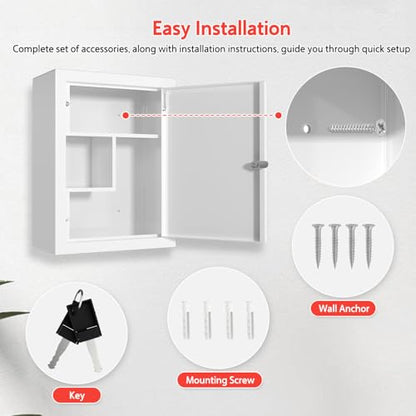 Locking Medicine Cabinet Wall-Mount: Storage Cabinet with Lock & Key - White Metal First Aid Kits for Family Safety and Childproofing - color: Matte White