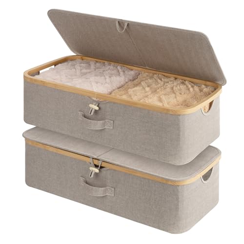 StorageWorks Underbed Storage Containers with Lids, 2-Pack 7" Low Profile Under Bed Storage Box with Bamboo Frame for Clothes, Bedding, Blankets and Shoes, 42L Sturdy Fabric Organizer, Taupe - color: Taupe