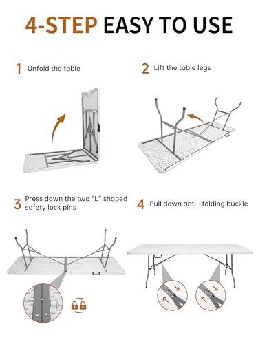 8 Foot Folding Table Portable, 8FT Folding Dining Table for Indoor Outdoor, Heavy Duty Fold-in-Half Plastic Long Large Rectangular Utility Card Tables for Picnic Camping Party, 95x29 inch - size: 8 FT