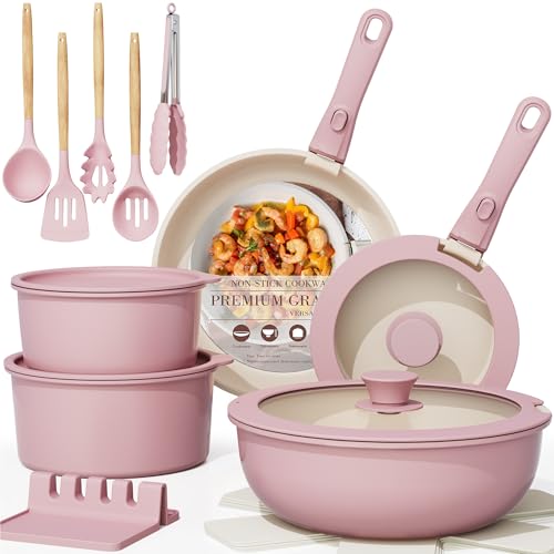 Astercook 21 Pcs Pots and Pans Set Non Stick, Ceramic Cookware Set Detachable Handle, RV Kitchen Cooking Set Removable Handles, Oven Safe, Induction Ready, Stackable, Pink, Fathers Day Gift for Men - color: Pink, size: 21 Piece