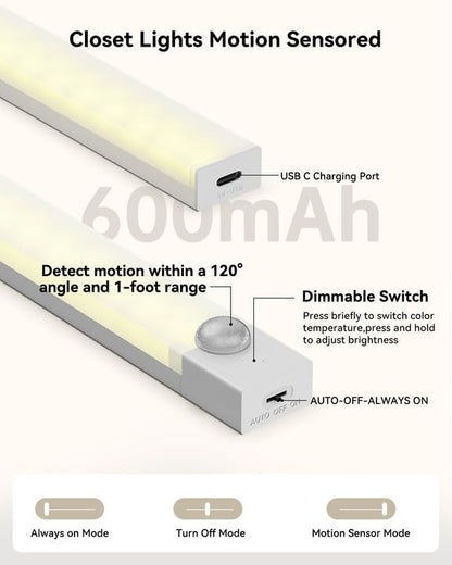 Under Cabinet Lights 8 Inch 3-Pack, Rechargeable Battery Operated Motion Sensor Light Indoor, Dimmable Closet Lights, Wireless Under Counter Lights for Kitchen, Stairs - size: 8inch-3pack