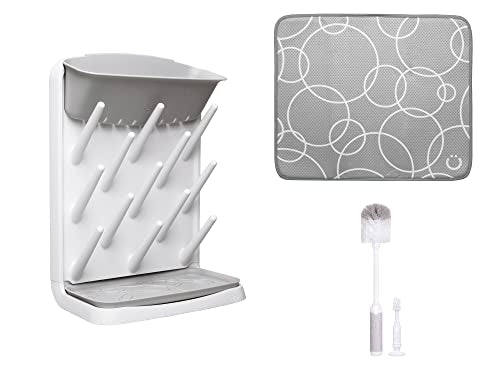 Ubbi Vertical Spacing Saving Bottle Drying Rack with 13 Pegs, 2-in-1 Bottle Brush & Microfiber Drying Mat Bundle, Newborn Baby Essentials, Baby Registry Must Haves, New Parent Gifts, Gray - color: Gray Bottle Drying Rack, Bottle Brush & Drying Mat Bundle