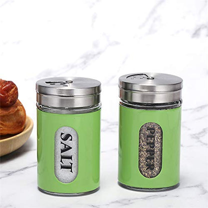 Salt and Pepper Shakers Stainless Steel and Glass Set with Adjustable Pour Holes (Green) - color: Green