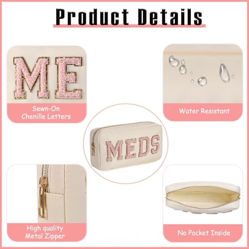 2Pcs Chenille Letter Patch Nylon Medicine Makeup Bag Set,Cute MEDS Travel Makeup Bag with Metal Zipper, First Aid Purse Organizer Cosmetic Bag for Women and Girls(Beige MEDS-RX) - color: Beige MEDS-RX