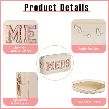 2Pcs Chenille Letter Patch Nylon Medicine Makeup Bag Set,Cute MEDS Travel Makeup Bag with Metal Zipper, First Aid Purse Organizer Cosmetic Bag for Women and Girls(Beige MEDS-RX) - color: Beige MEDS-RX