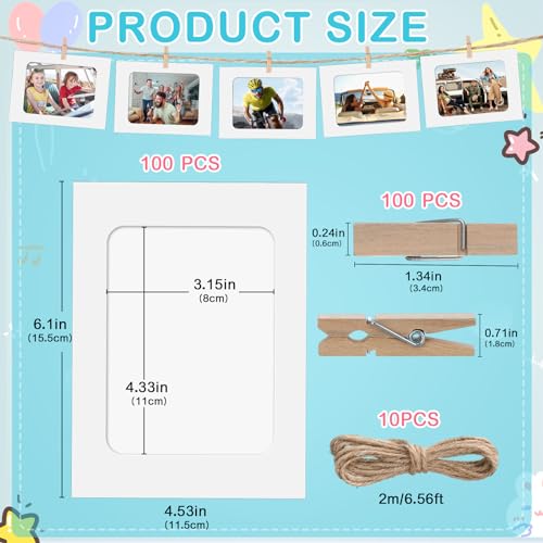 100 Pcs Paper Photo Frames 4x6 White Paper Picture Frame with 100 Clip 10 String Kit DIY Hanging Cardboard Photo Holder Graduation Wall Decor Wedding Home - color: White, style: Classic