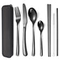 AARAINBOW 6 Pieces Stainless Steel Flatware Set Portable Reusable Cutlery Set Travel Utensils Set Including Chopsticks Knife Fork Spoon Straws Cleaning Brush Dishwasher Safe (7 Black) - color: 7 Black