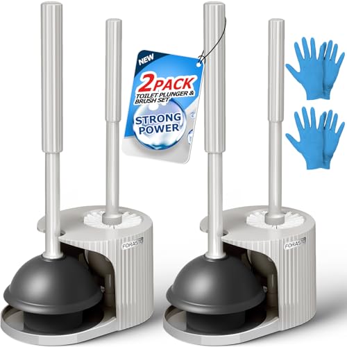 FORASTO 2Pack 2 in 1 Toilet Brush and Plunger Set, Extended Handle Plunger，Toilet Bowl Brush Plunger Set,Bathroom Cleaning Tools ，Toilet Brush Plunger Combo，Cleaning Supplies（Cream Grey） - color: Cream Grey