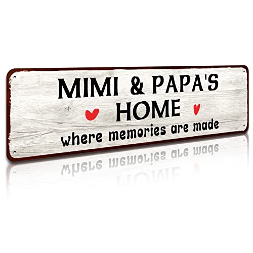 Rustic Tin Sign - Mimi and Papa's House Sign, Where Memories are Made, Distressed Style, Gift for Grandparents, Indoor Outdoor 4" x 16" Sign - color: mimi and papa's house
