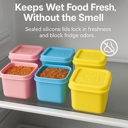 2ME Cat and Dog Food Storage Containers with Lids, 6-Pack 100% Silicone 4oz Each, with Dual-Ended Scoop – Keeps Wet Can Food Fresh, Odor-Resistant,Freezer, Microwave & Dishwasher Safe - size: 4oz Pack of 6