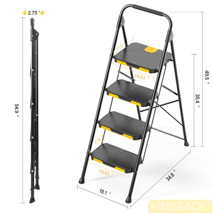 KINGRACK 4 Step Ladder, Sturdy Steel Step Stool with Safe-Lock Design, Handrail, Anti-Slip Wide Pedals, Pass 800lbs Load Testing, Folding Portable Ladder for Multi-Purpose, Home, Kitchen, Black - size: 4 Step Ladder