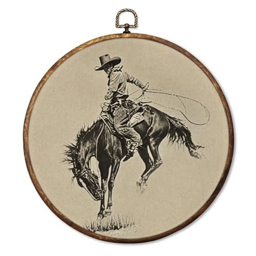 HUGANE Vintage Western Cowboy Round Wall Art Decor, Rustic Country Southwestern Rodeo Bucking Horse Hanging Canvas Framed Prints Wall Sculptures for Home Office Living Room Decor, 10x10 Inch - color: Colour-6