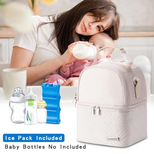 Breastmilk Cooler Bag with Ice Pack Fits 6 Baby Bottles up to 9 Ounce, Breast Milk Pump Cooler Bag with Shoulder Strap for Nursing Mom Daycare, Work, Travel- Cream - color: Cream 1