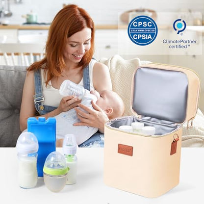 PIIOSER Breastmilk Cooler Bag with Ice Pack Fits 6 Baby Bottles Up to 9 Ounce, Insulated Baby Bottle Tote Bags, Double Layer Waterproof Leak-Proof with Shoulder Strap for Nursing & Working Mom (Cream) - color: Cream