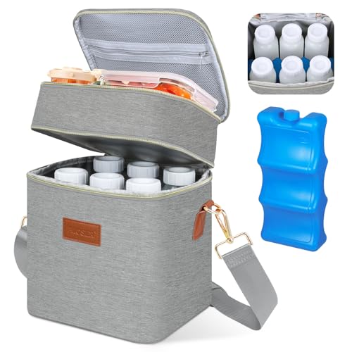 PIIOSER Breastmilk Cooler Bag with Ice Pack Fits 6 Baby Bottles Up to 9 Ounce, Insulated Baby Bottle Tote Bags, Double Layer Waterproof Leak-Proof with Shoulder Strap for Nursing & Working Mom (Grey) - color: Grey