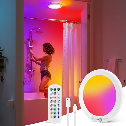 wowatt Rechargeable Shower Light with Remote, RGB Colors Changing & White Light for Shower, Shower Lights for Inside Shower with Motion Sensor, IP44 Waterproof Lights for Shower Closet Bedroom - color: RGB-Round, size: 1 Pack
